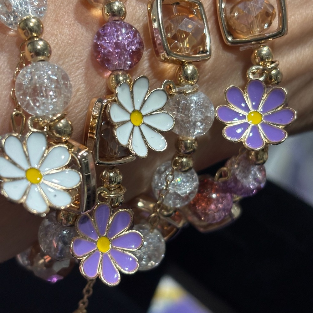 Purple & Pink Daisy Charm Glass Beaded Bracelet Set - 4pc
